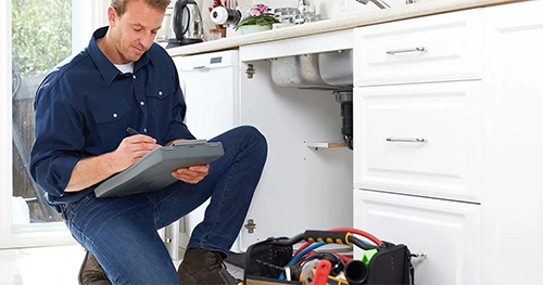 Home inspector documenting repair needs beneath a kitchen sink