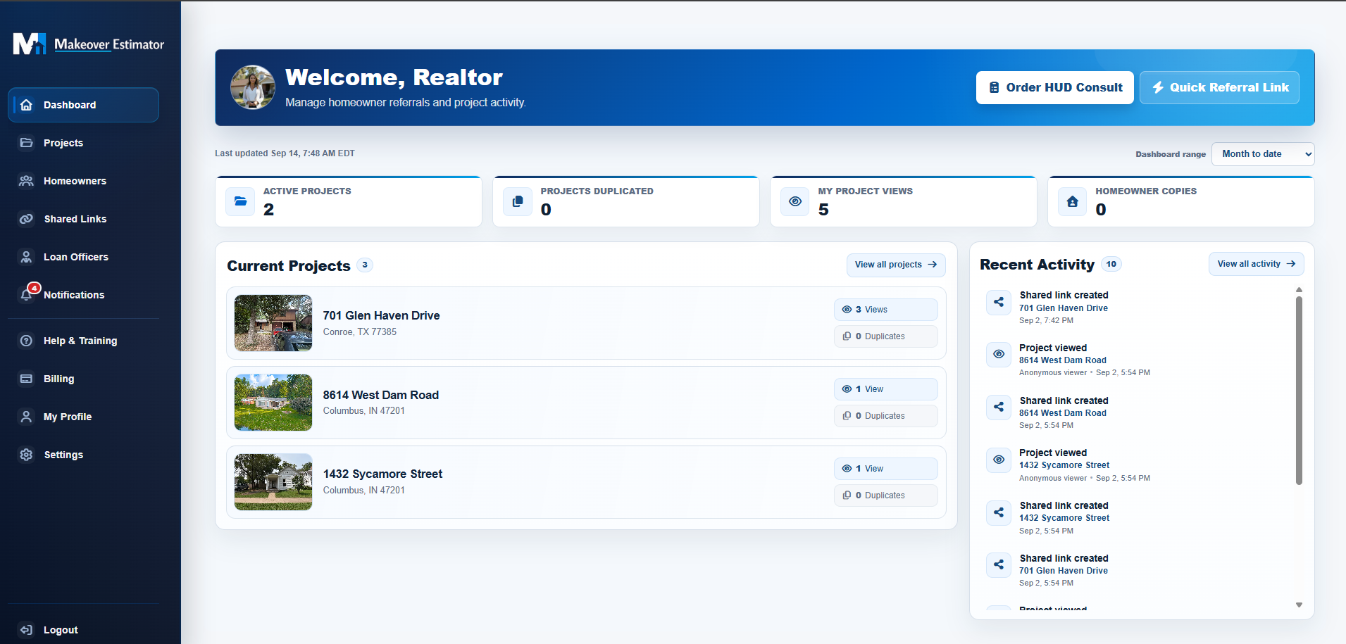 Makeover Estimator Realtor dashboard showing projects and recent activity